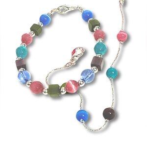 2 PC.Bracelet Set Silver Chain Dainty Moonstone Beads Soft Pastel Multicolor